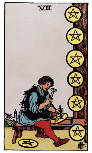 Eight of Pentacles tarot card, Rider-Waite-Smith deck