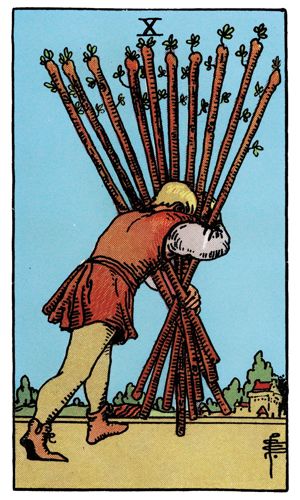 Ten of Wands tarot card, Rider-Waite-Smith deck